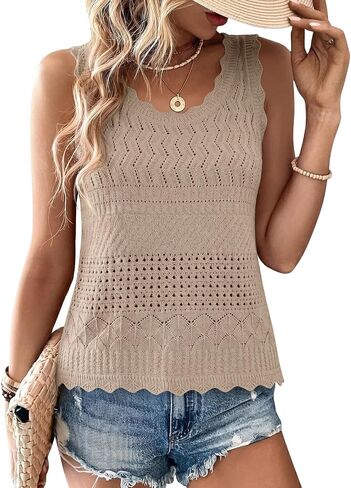 Cicy Bell Womens Summer Crochet Tank Tops Casual Trendy Knit Sweater Vest Sleeveless Hollow Out Boho Beach Tops in Kuwait