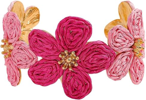 Boho Raffia Rattan Flower Cuff Bracelet Colorful Chunky Floral Tropical Wide Open Adjustable Straw Wrapped Bangle for Women Summer Beach Vacation Jewelry Beachy Accessory in Saudi Arabia