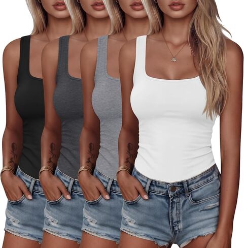 Huukeay 4 Pack المرأة تانك القمم ساحة الرقبة المجهزة تانك القمم الأساسية بروتيل الصيف عادية أكمام قميص 2026 الملابس in Kuwait