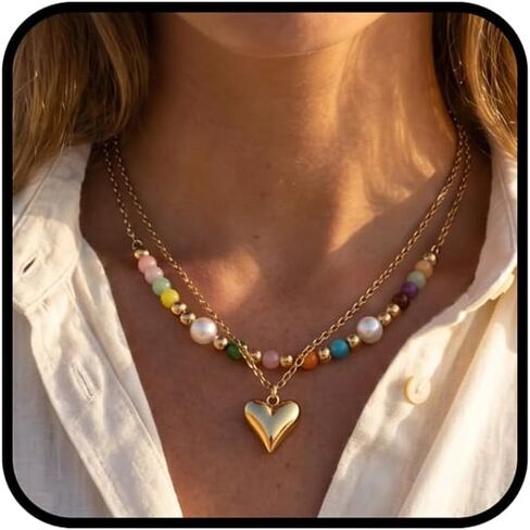 Colorful Beaded Necklace For Women, 2Pcs/Set Boho Double Layer Rainbow Opal Pearl Titanium Beads Choker Stainless Steel Chain Puffy Heart Pendant Adjustable Minimalist Summer Beach Jewelry Gift in Saudi Arabia