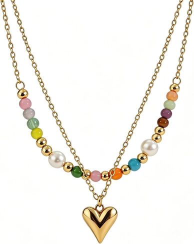 Colorful Beaded Necklace For Women, 2Pcs/Set Boho Double Layer Rainbow Opal Pearl Titanium Beads Choker Stainless Steel Chain Puffy Heart Pendant Adjustable Minimalist Summer Beach Jewelry Gift in Saudi Arabia