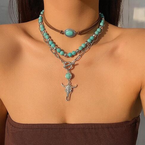 Western Turquoise Necklace Cowgirl Outfits Jewelry Boho Country Concert Necklaces Boho Jewelry for Women christmas gifts friendship gifts for women in Kuwait