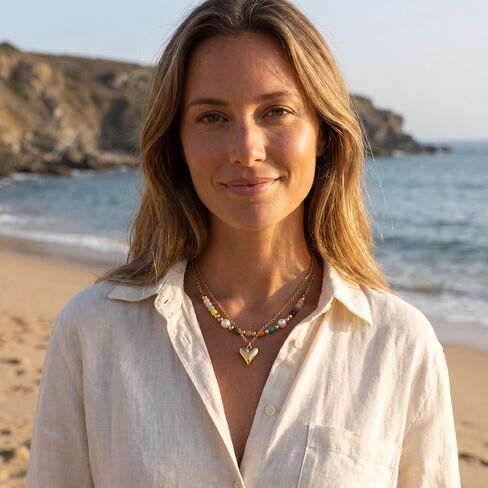 Colorful Beaded Necklace For Women, 2Pcs/Set Boho Double Layer Rainbow Opal Pearl Titanium Beads Choker Stainless Steel Chain Puffy Heart Pendant Adjustable Minimalist Summer Beach Jewelry Gift in Saudi Arabia