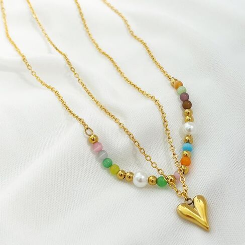 Colorful Beaded Necklace For Women, 2Pcs/Set Boho Double Layer Rainbow Opal Pearl Titanium Beads Choker Stainless Steel Chain Puffy Heart Pendant Adjustable Minimalist Summer Beach Jewelry Gift in Saudi Arabia