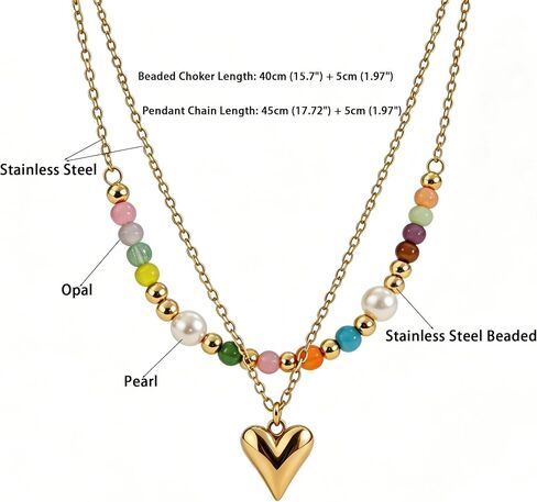 Colorful Beaded Necklace For Women, 2Pcs/Set Boho Double Layer Rainbow Opal Pearl Titanium Beads Choker Stainless Steel Chain Puffy Heart Pendant Adjustable Minimalist Summer Beach Jewelry Gift in Saudi Arabia