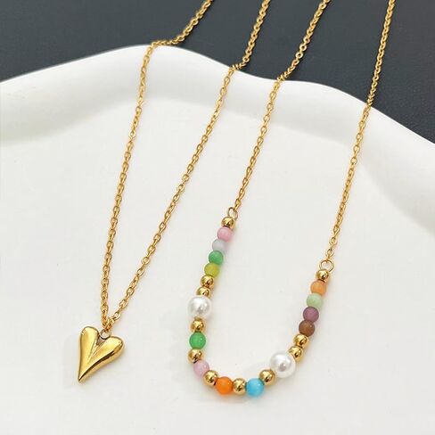 Colorful Beaded Necklace For Women, 2Pcs/Set Boho Double Layer Rainbow Opal Pearl Titanium Beads Choker Stainless Steel Chain Puffy Heart Pendant Adjustable Minimalist Summer Beach Jewelry Gift in Saudi Arabia