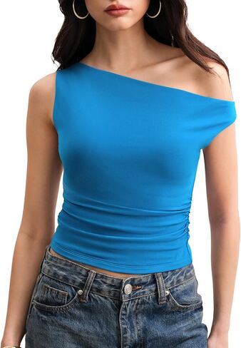 Off The Shoulder Tops for Women Sleeveless Going Out Asymmetrical Ruched Crop Tank Tops Y2K Summer Muse Collection in Saudi Arabia