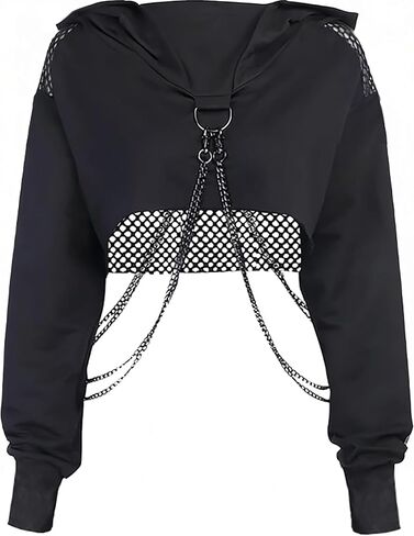 Kisswow Womens Fishnet Cropped Hoodie with Chain Femboy Emo Long Sleeve Mesh Top Festival 80s Rave Outfits for Women in Saudi Arabia