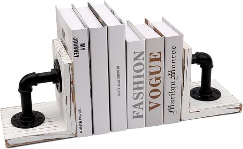 Book Ends,Wood Bookends for Shelves,Industrial Pipe Design Book Ends for Heavy Books,Rustic Style Bookend for Home Office Bookcase Bookshelf Desk Decor, Dark Brown in Saudi Arabia