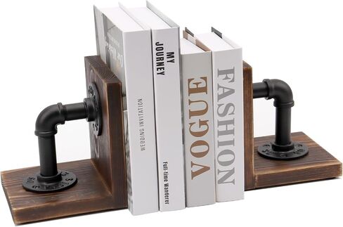 Book Ends,Wood Bookends for Shelves,Industrial Pipe Design Book Ends for Heavy Books,Rustic Style Bookend for Home Office Bookcase Bookshelf Desk Decor, Dark Brown in Saudi Arabia
