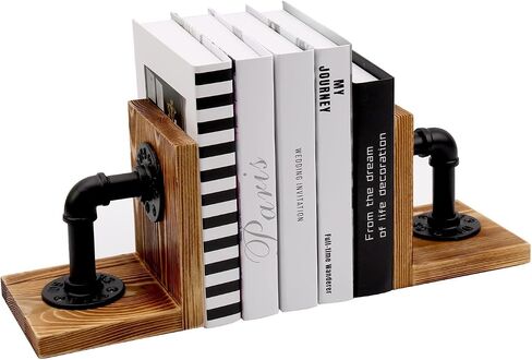Book Ends,Wood Bookends for Shelves,Industrial Pipe Design Book Ends for Heavy Books,Rustic Style Bookend for Home Office Bookcase Bookshelf Desk Decor, Dark Brown in Saudi Arabia
