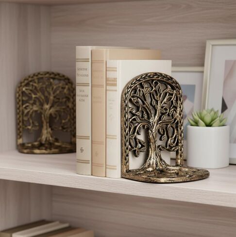 Tree of Life Bookends Set Heavy Duty Metal Book Ends for Shelves | Antique Brass Iron Decorative Bookend Pair for Home, Office, Library or Study | Elegant Vintage Style Book Holder Décor in Saudi Arabia