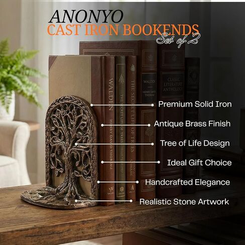 Tree of Life Bookends Set Heavy Duty Metal Book Ends for Shelves | Antique Brass Iron Decorative Bookend Pair for Home, Office, Library or Study | Elegant Vintage Style Book Holder Décor in Saudi Arabia