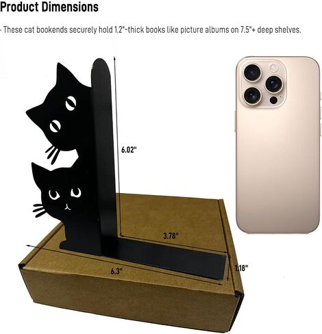 Cute Cat Bookends - Novelty Decorative Shelf Organizer, Textured Metal Finish, Non-Slip, 7.5x6.3 Inch, Rounded Corners for Kids' Picture Books & Office Desks (Black) in Saudi Arabia
