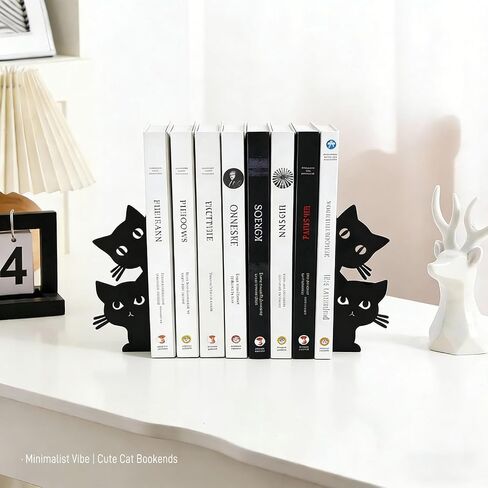 Cute Cat Bookends - Novelty Decorative Shelf Organizer, Textured Metal Finish, Non-Slip, 7.5x6.3 Inch, Rounded Corners for Kids' Picture Books & Office Desks (Black) in Saudi Arabia