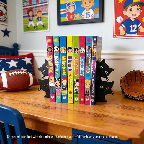 Cute Cat Bookends - Novelty Decorative Shelf Organizer, Textured Metal Finish, Non-Slip, 7.5x6.3 Inch, Rounded Corners for Kids' Picture Books & Office Desks (Black) in Saudi Arabia