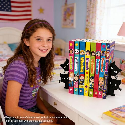 Cute Cat Bookends - Novelty Decorative Shelf Organizer, Textured Metal Finish, Non-Slip, 7.5x6.3 Inch, Rounded Corners for Kids' Picture Books & Office Desks (Black) in Saudi Arabia