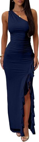 HOCILLE Women's Sexy One The Shoulder Formal Long Dresses Ruched Bodycon High Split Cocktail Wedding Maxi Dress in Saudi Arabia