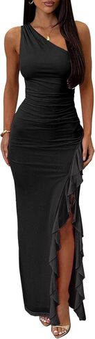HOCILLE Women's Sexy One The Shoulder Formal Long Dresses Ruched Bodycon High Split Cocktail Wedding Maxi Dress in Saudi Arabia