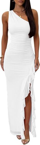 HOCILLE Women's Sexy One The Shoulder Formal Long Dresses Ruched Bodycon High Split Cocktail Wedding Maxi Dress in Saudi Arabia