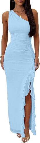 HOCILLE Women's Sexy One The Shoulder Formal Long Dresses Ruched Bodycon High Split Cocktail Wedding Maxi Dress in Saudi Arabia