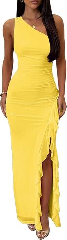 HOCILLE Women's Sexy One The Shoulder Formal Long Dresses Ruched Bodycon High Split Cocktail Wedding Maxi Dress in Saudi Arabia