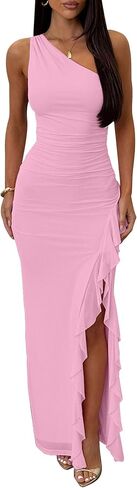 HOCILLE Women's Sexy One The Shoulder Formal Long Dresses Ruched Bodycon High Split Cocktail Wedding Maxi Dress in Saudi Arabia