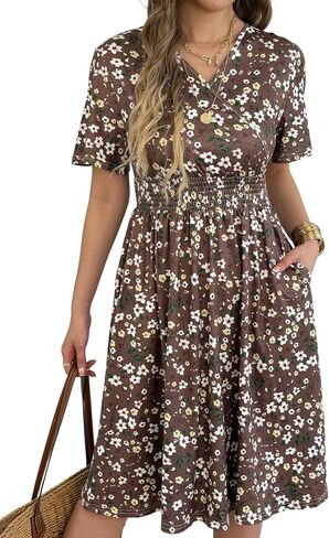 Womens Midi Floral Dress - Short Sleeve Wrap V-Neck Summer Dress with Smocked Waist - A-Line Spring Dress with Pockets in Saudi Arabia