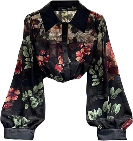 GORGLITTER Women's Floral Mesh Lantern Long Sleeve Blouse Tops Sheer Button Down See Through Shirts Goth Going Out Tops in Kuwait