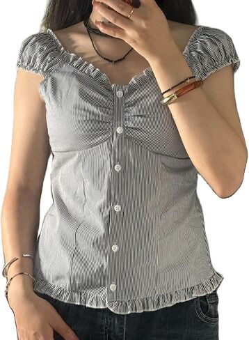 Womens Y2k Fairy Grunge Shirts Cap Sleeve Scoop Neck Button-up Blouse Ruffle Hem Babydoll Tops Coquette Clothes in Saudi Arabia