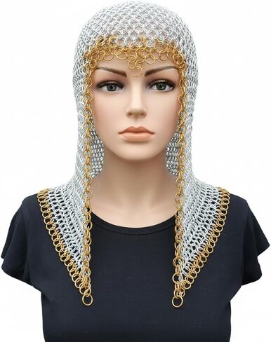 درع غطاء محرك السيارة من Chainmail في العصور الوسطى | غطاء خوذة الفارس الدائري المُثبت يدويًا | غطاء رأس على شكل سلسلة فضية وذهبية من أجل LARP، والحفلات التنكرية، ومعرض عصر النهضة. in Kuwait