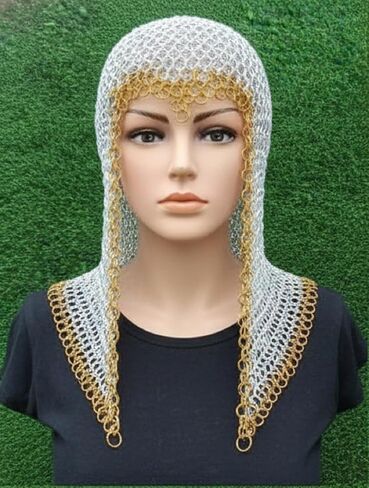 درع غطاء محرك السيارة من Chainmail في العصور الوسطى | غطاء خوذة الفارس الدائري المُثبت يدويًا | غطاء رأس على شكل سلسلة فضية وذهبية من أجل LARP، والحفلات التنكرية، ومعرض عصر النهضة. in Kuwait