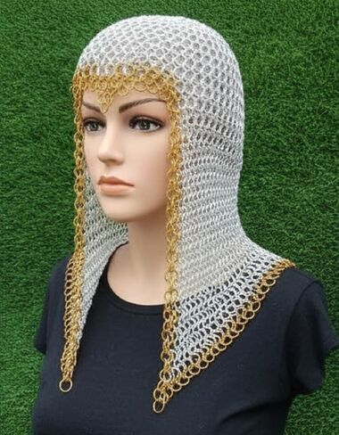 درع غطاء محرك السيارة من Chainmail في العصور الوسطى | غطاء خوذة الفارس الدائري المُثبت يدويًا | غطاء رأس على شكل سلسلة فضية وذهبية من أجل LARP، والحفلات التنكرية، ومعرض عصر النهضة. in Kuwait