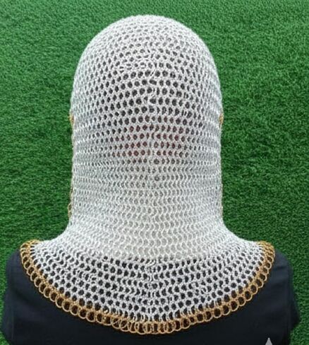 درع غطاء محرك السيارة من Chainmail في العصور الوسطى | غطاء خوذة الفارس الدائري المُثبت يدويًا | غطاء رأس على شكل سلسلة فضية وذهبية من أجل LARP، والحفلات التنكرية، ومعرض عصر النهضة. in Kuwait