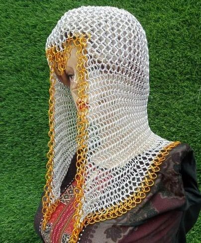درع غطاء محرك السيارة من Chainmail في العصور الوسطى | غطاء خوذة الفارس الدائري المُثبت يدويًا | غطاء رأس على شكل سلسلة فضية وذهبية من أجل LARP، والحفلات التنكرية، ومعرض عصر النهضة. in Kuwait