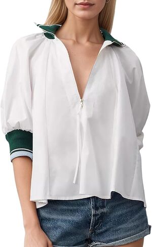 Dsewpaur Women Sporty Henley Swing Tops Puff Sleeve Half Zip Blouse Casual Loose fit Flowy Shirt Tunic in Saudi Arabia