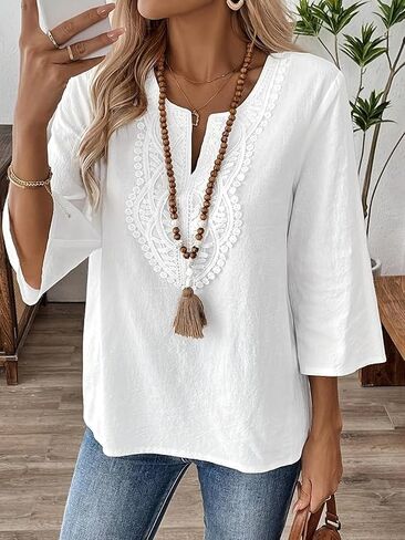 Women's Solid Color V-Neck Vacation Casual Shirt, sevenquarter Sleeved top, Versatile Boho Shirts for Daily Wear in Kuwait
