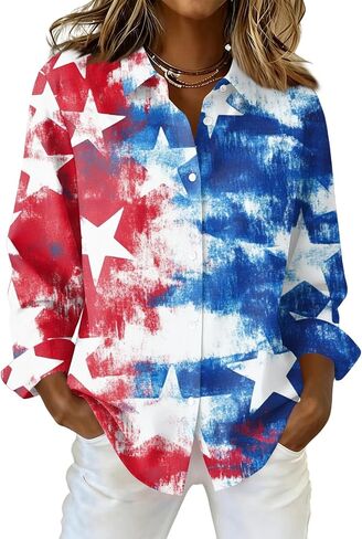 COTECRAM American Flag Button Down Shirt Women USA Star Stripes 4th of July Shirts 250th Anniversary USA Patriotic Blouses in Saudi Arabia