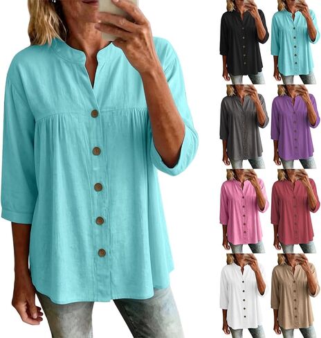 Womens Linen Tops Casual Loose 3/4 Sleeve Button Down Peplum Tunic Top Summer Lightweight Gauze V-Neck Blouse in Saudi Arabia