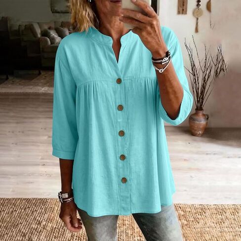 Womens Linen Tops Casual Loose 3/4 Sleeve Button Down Peplum Tunic Top Summer Lightweight Gauze V-Neck Blouse in Saudi Arabia
