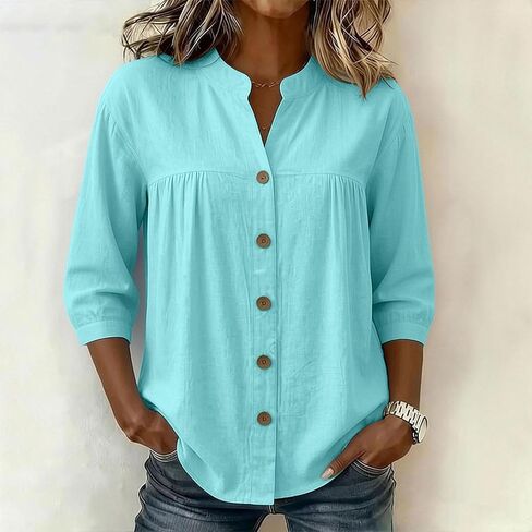 Womens Linen Tops Casual Loose 3/4 Sleeve Button Down Peplum Tunic Top Summer Lightweight Gauze V-Neck Blouse in Saudi Arabia