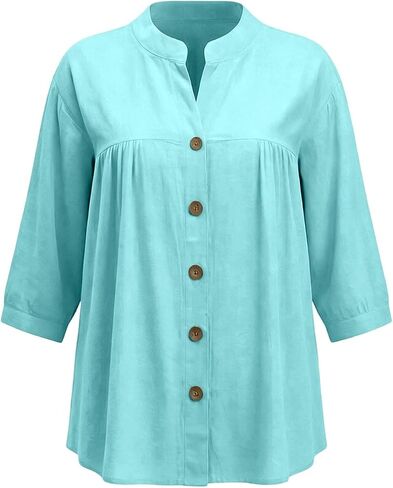 Womens Linen Tops Casual Loose 3/4 Sleeve Button Down Peplum Tunic Top Summer Lightweight Gauze V-Neck Blouse in Saudi Arabia