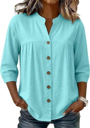 Womens Linen Tops Casual Loose 3/4 Sleeve Button Down Peplum Tunic Top Summer Lightweight Gauze V-Neck Blouse in Saudi Arabia