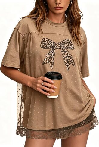 CSDAJIO Trendy Crew Neck Oversized T Shirts for Women Short Sleeve Loose Graphic Tee Summer Lace Top in Saudi Arabia