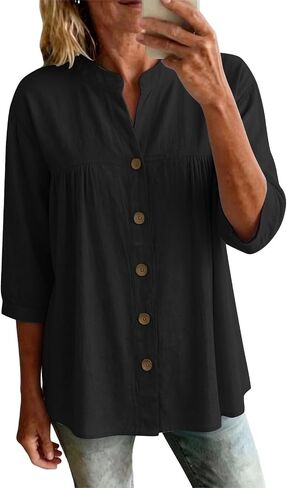 Womens Linen Tops Casual Loose 3/4 Sleeve Button Down Peplum Tunic Top Summer Lightweight Gauze V-Neck Blouse in Saudi Arabia