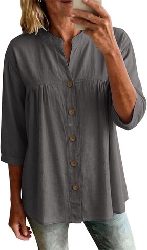Womens Linen Tops Casual Loose 3/4 Sleeve Button Down Peplum Tunic Top Summer Lightweight Gauze V-Neck Blouse in Saudi Arabia