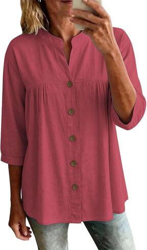Womens Linen Tops Casual Loose 3/4 Sleeve Button Down Peplum Tunic Top Summer Lightweight Gauze V-Neck Blouse in Saudi Arabia