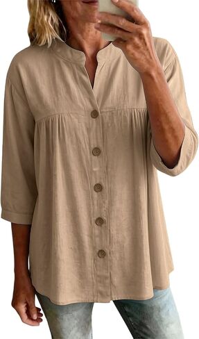 Womens Linen Tops Casual Loose 3/4 Sleeve Button Down Peplum Tunic Top Summer Lightweight Gauze V-Neck Blouse in Saudi Arabia