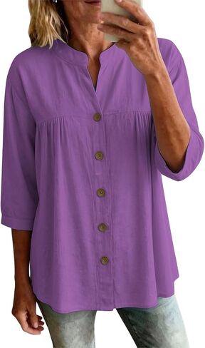 Womens Linen Tops Casual Loose 3/4 Sleeve Button Down Peplum Tunic Top Summer Lightweight Gauze V-Neck Blouse in Saudi Arabia