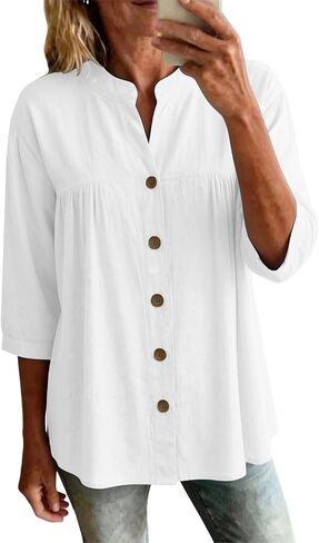 Womens Linen Tops Casual Loose 3/4 Sleeve Button Down Peplum Tunic Top Summer Lightweight Gauze V-Neck Blouse in Saudi Arabia